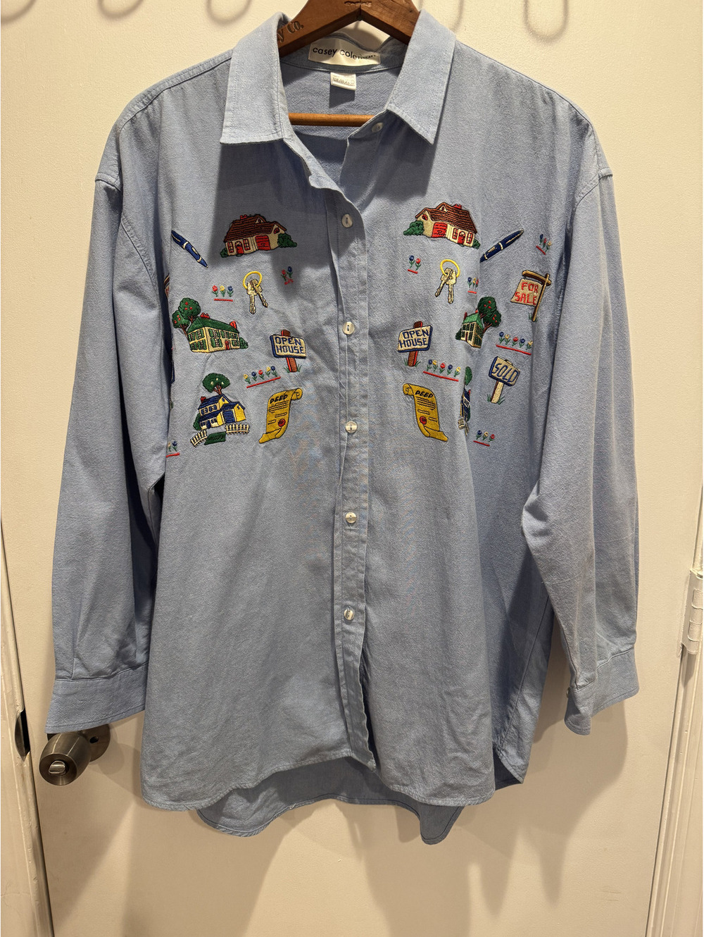 Vintage Casey Coleman Blue Cotton Button-Up Real-Estate Theme (Best for XL)
